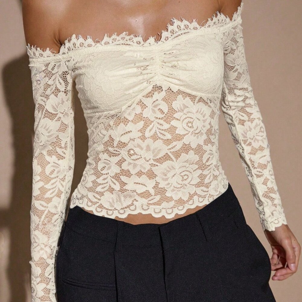 Apricot Elegant Women's Sexy Sheer Hollow Off Shoulder Long Sleeve Lace Top - Picture 6 of 6